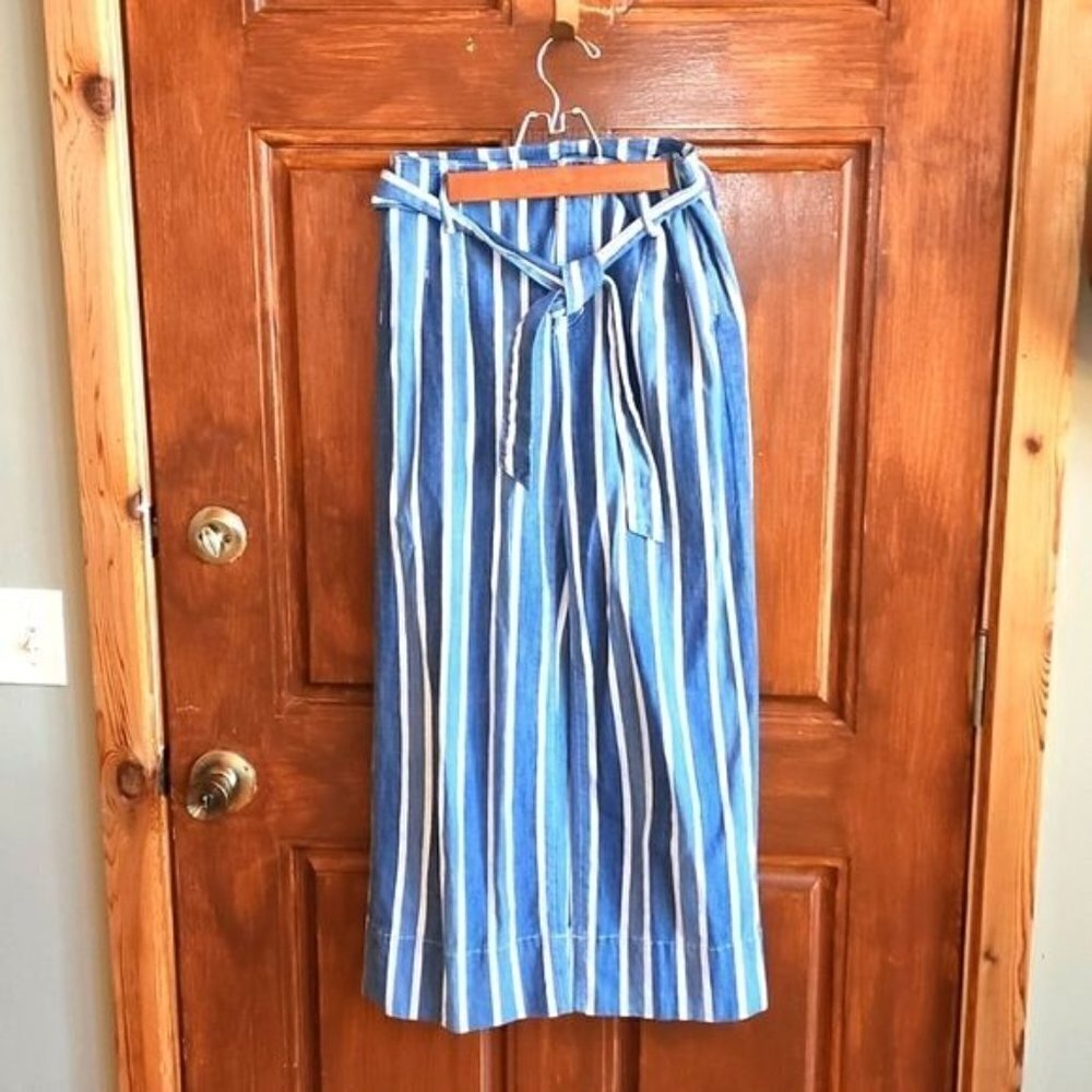 Ann Taylor Blue White Striped Wide Leg Tie Waist Pants Size 0 High Rise Nautical